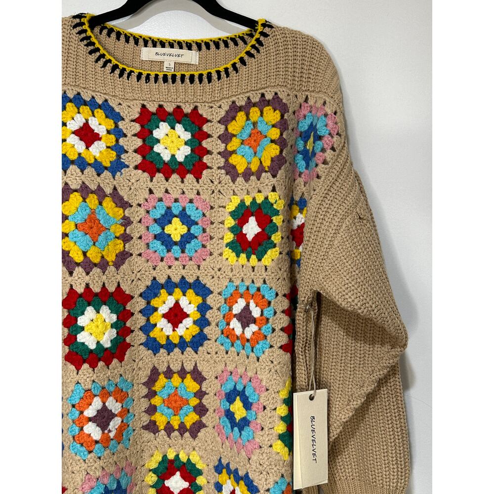 Blue Velvet Granny Square Knit Long Sleeve Sweater Mocha Multicolor Small NWT - Picture 6 of 15